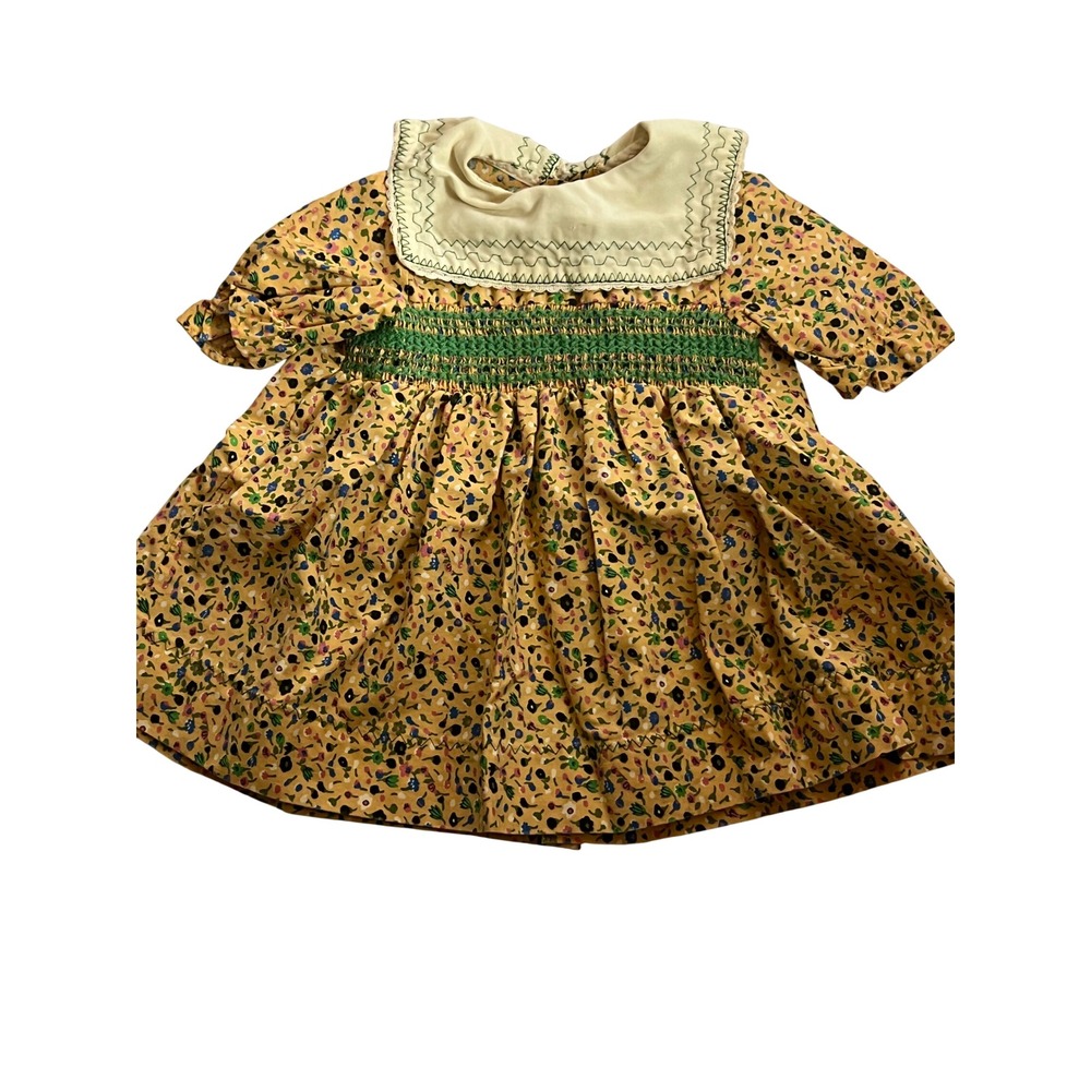 Vintage Handmade Cottagecore Floral‎ Smocked Top Tan Green Peter Pan Collar 2T